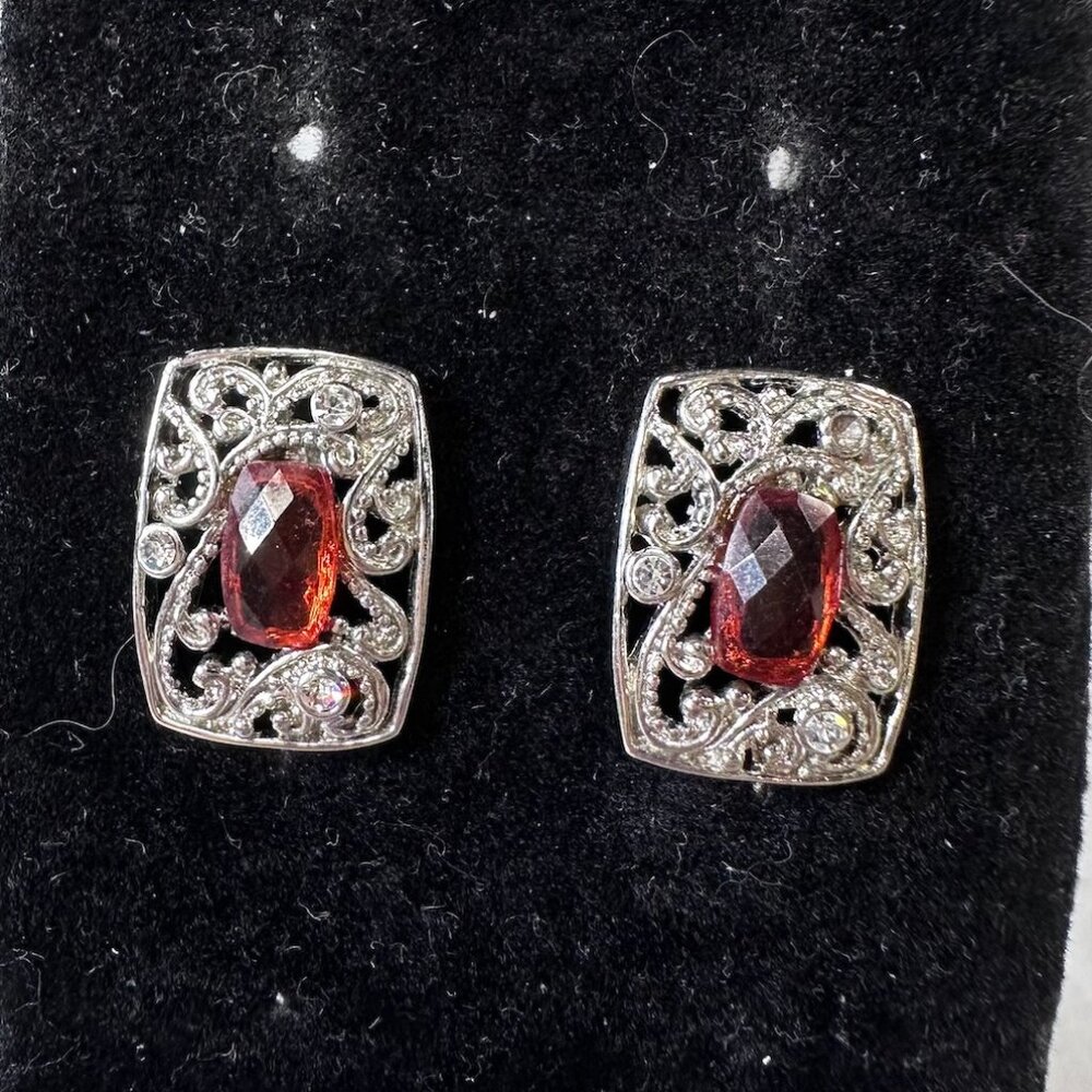 Silver Tone Filigree Earrings with Orange Stone